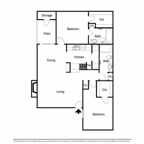 Floor plan for 2 beds, 2 baths, 990 sqft